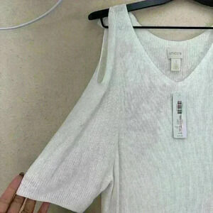 🔥CHICOS White Knit Summer Sweater  Shoulder Tie Pullover 3/4 Sleeve Sz 3 SC1